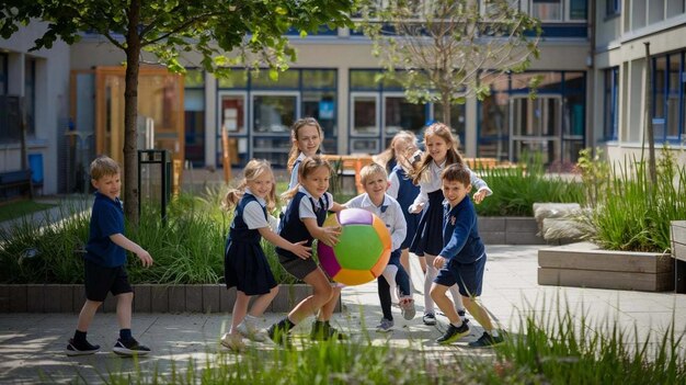 Group of schoolchildren playing with a colorful beach ball in a sunny school courtyard.