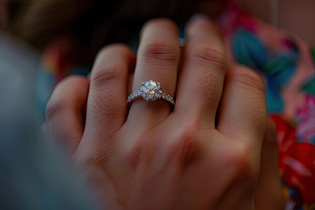 A diamond engagement ring worn on a person’s finger, shown in close-up.