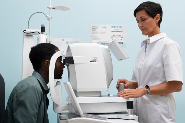 An eye specialist performs an advanced vision test using a diagnostic machine as the patient rests their chin on a support.