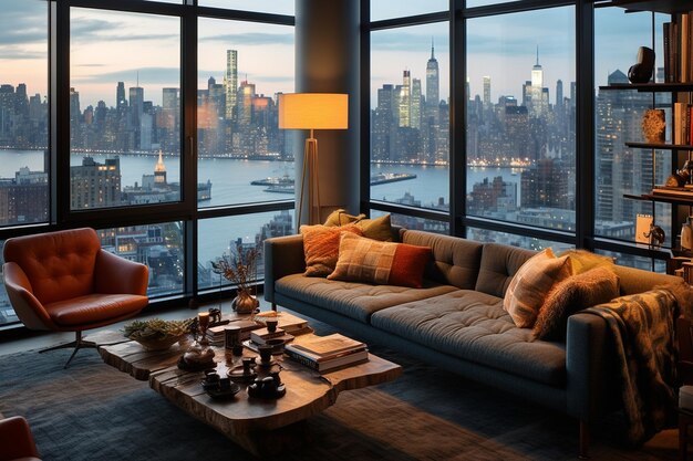 Modern living room with floor-to-ceiling windows overlooking the New York City skyline at dusk, cozy sofa.
