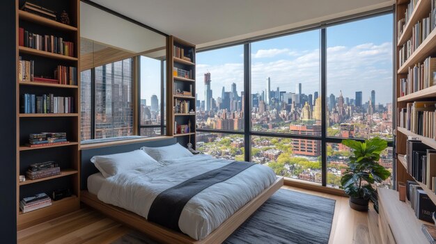 Minimalist bedroom with floor-to-ceiling windows, built-in bookshelves, and sweeping New York City skyline views.