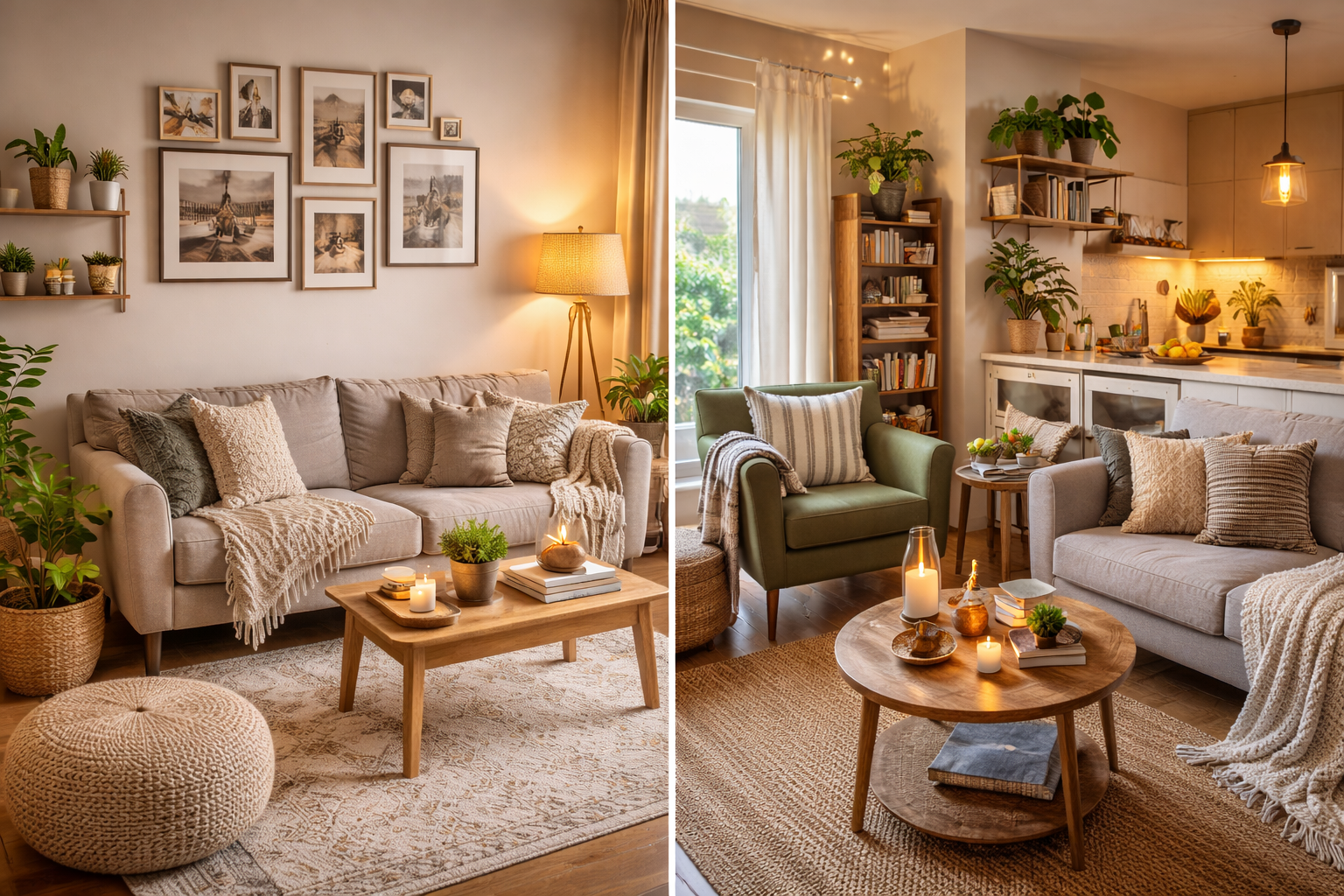Cozy, plant-filled living room with neutral sofas, wooden coffee tables, warm lighting, and a small open kitchen in background.