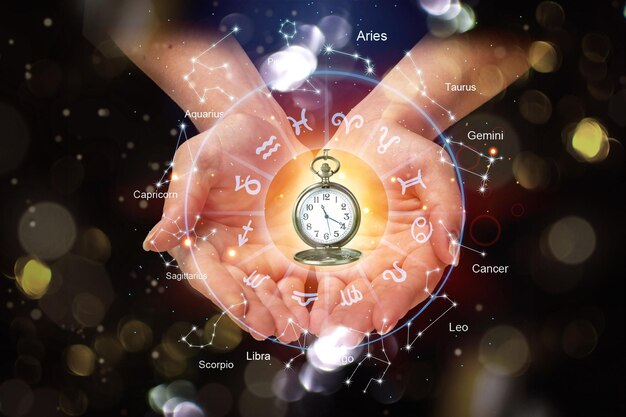 Fortune teller holding a watch inside a zodiac circle, mystical astrology concept.