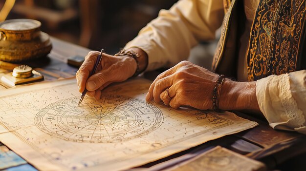 Hands drawing an intricate circular astrological chart on parchment at a wooden desk with antique tools.