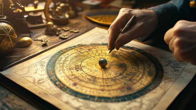Person using a pen over a detailed zodiac chart with a small sphere at the center on an old map-like surface.