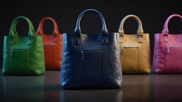 Colorful leather handbags displayed on a dark surface, with a navy blue bag in front and green, orange, beige, and pink bags behind.