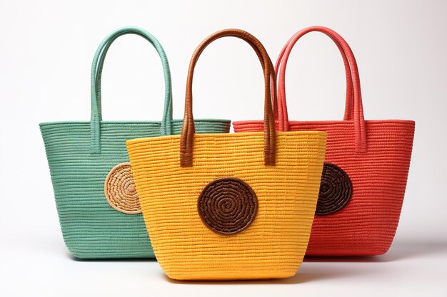 Woven tote bags in mint green, yellow, and red with circular patches, displayed against a light background.