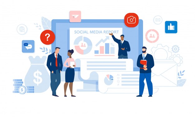 Team presenting a social media performance report with graphs and data insights to evaluate campaign success and strategy.