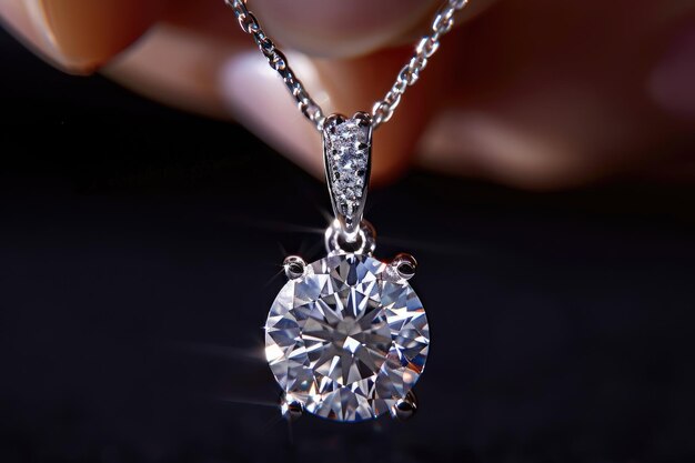 Close-up of a round diamond pendant on a silver chain with a sparkling, elegant design.