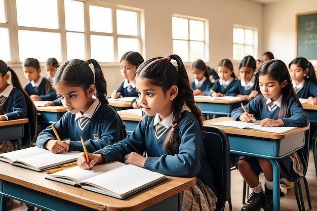 Schoolgirls in uniform sitting at desks, writing in notebooks in a bright classroom.