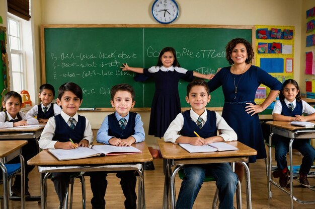 Teacher and students posing in a classroom, with children seated at desks and a chalkboard behind them.