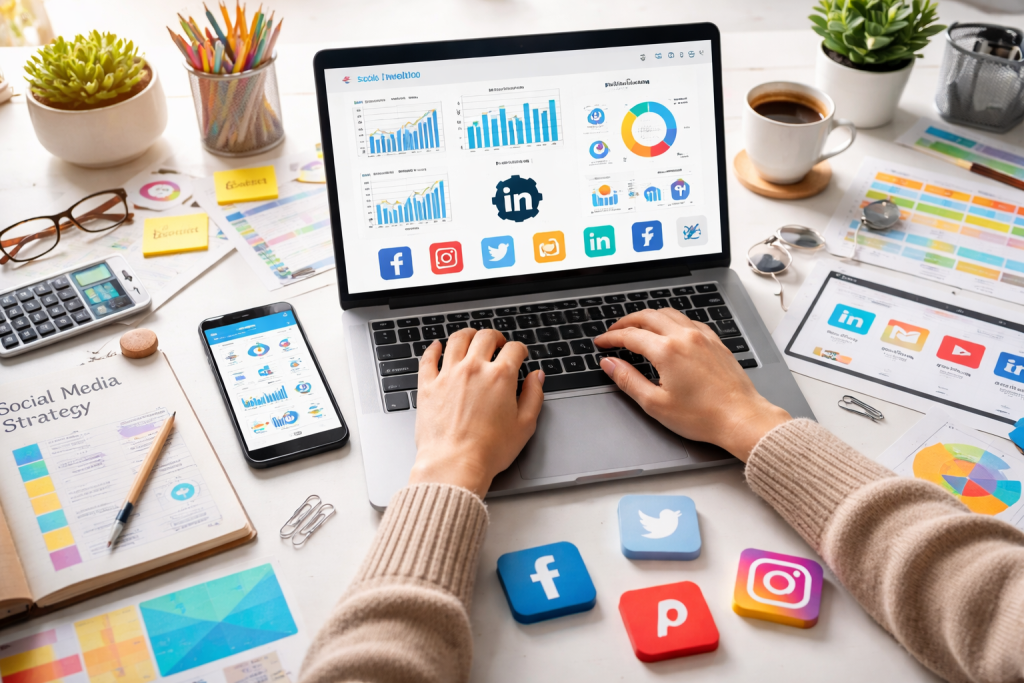 Person using a laptop with social media analytics, charts, and app icons surrounded by marketing materials on a desk.