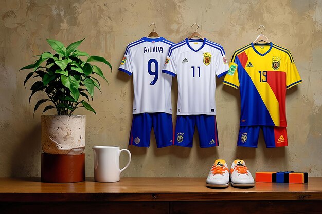Football jerseys and shorts hanging on a wall beside shoes, plant, and coffee mug in a stylish setup.

