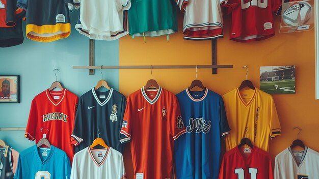 Colorful football jerseys displayed on racks inside a sports apparel store with vibrant team-inspired designs.